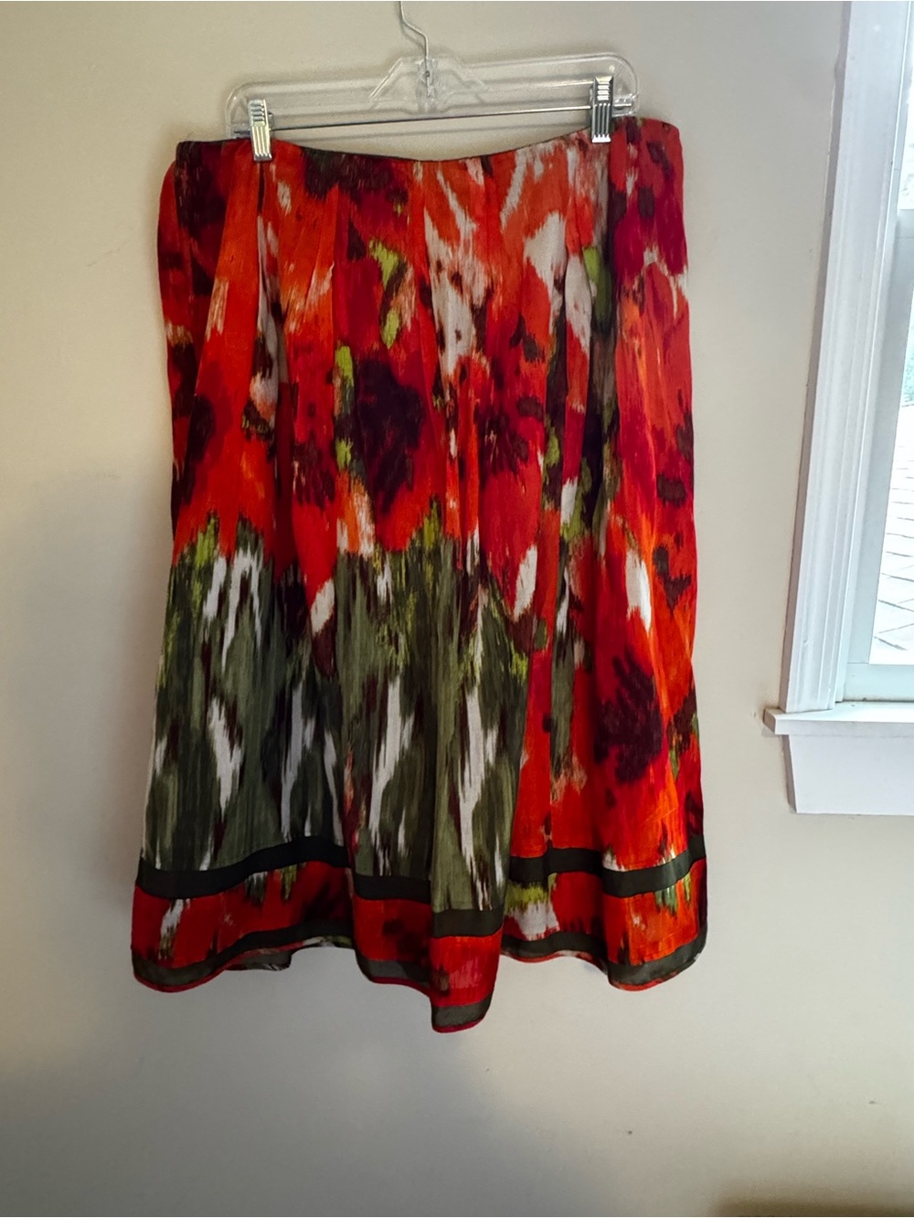 Talbots Red & Olive Green Silk and Cotton Blend Midi Skirt
